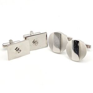 Vintage Silver Tone Round & Rhinestone Rectangle Foster Cufflinks Set of 2 Pairs